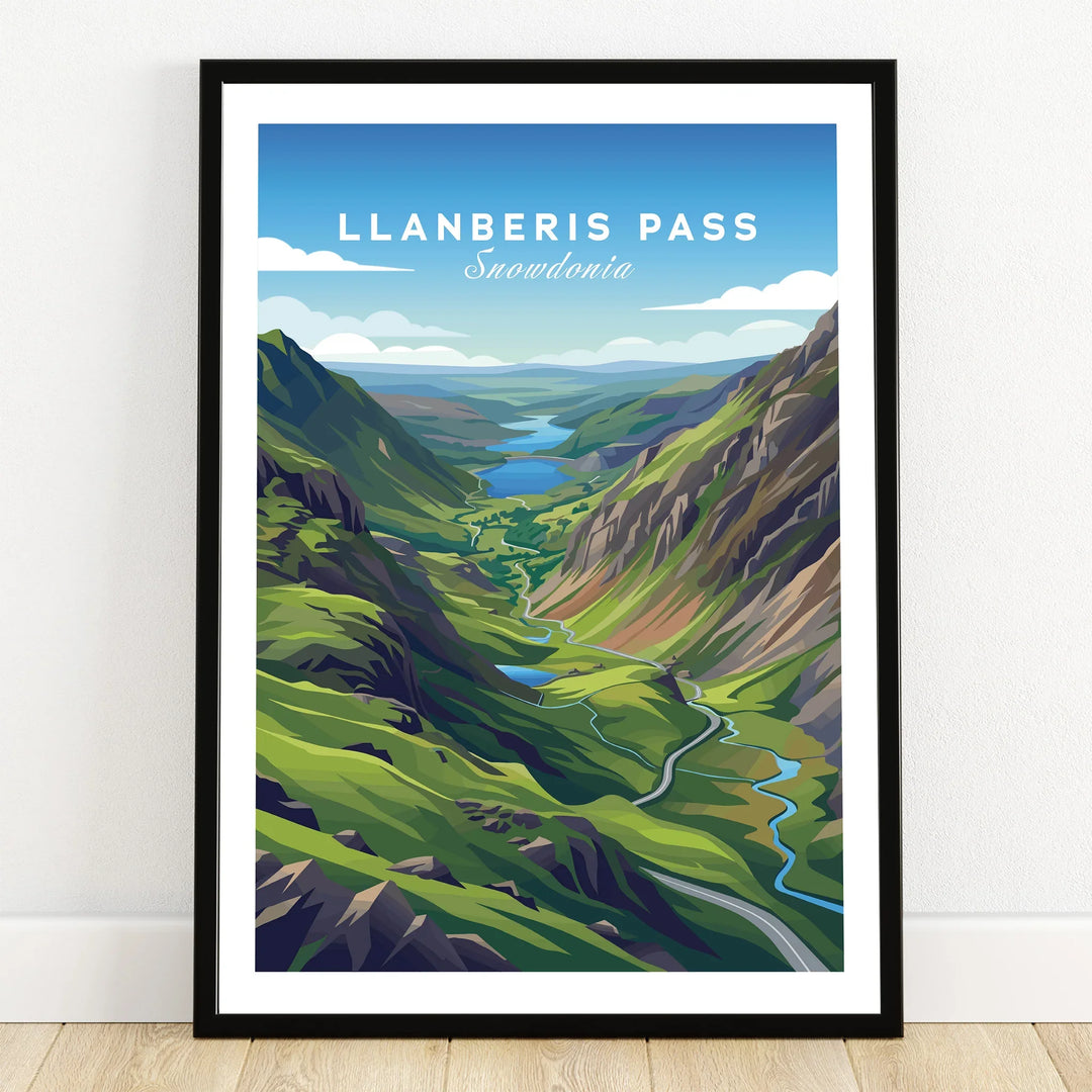 Framed Llanberis Pass Snowdonia art print with vibrant mountain landscape and winding river.