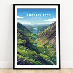 Framed Llanberis Pass Snowdonia art print with vibrant mountain landscape and winding river.