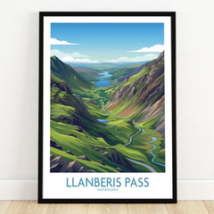 Llanberis Pass art print in black frame featuring Snowdonia mountain landscape