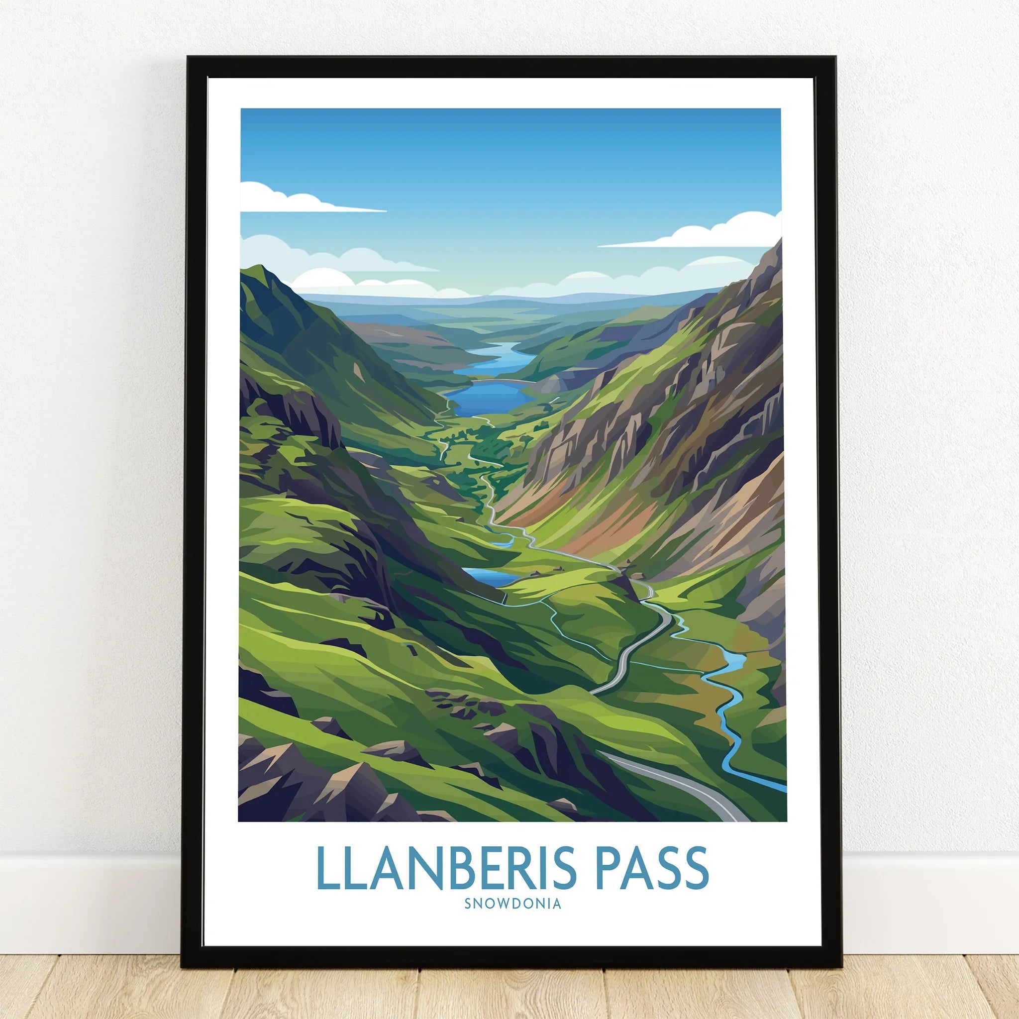 Llanberis Pass art print in black frame featuring Snowdonia mountain landscape