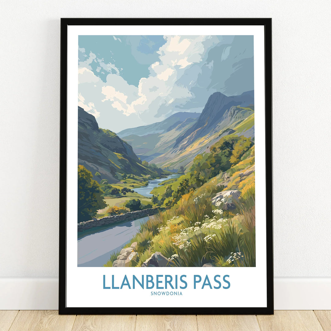 Llanberis Pass Snowdonia art print in black frame, landscape wall decor on wooden floor