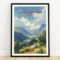 Llanberis Pass Snowdonia travel poster art print in black frame on wooden floor