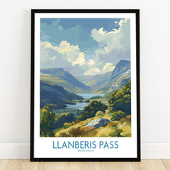 Llanberis Pass Snowdonia art print in black frame, landscape wall art on wooden floor