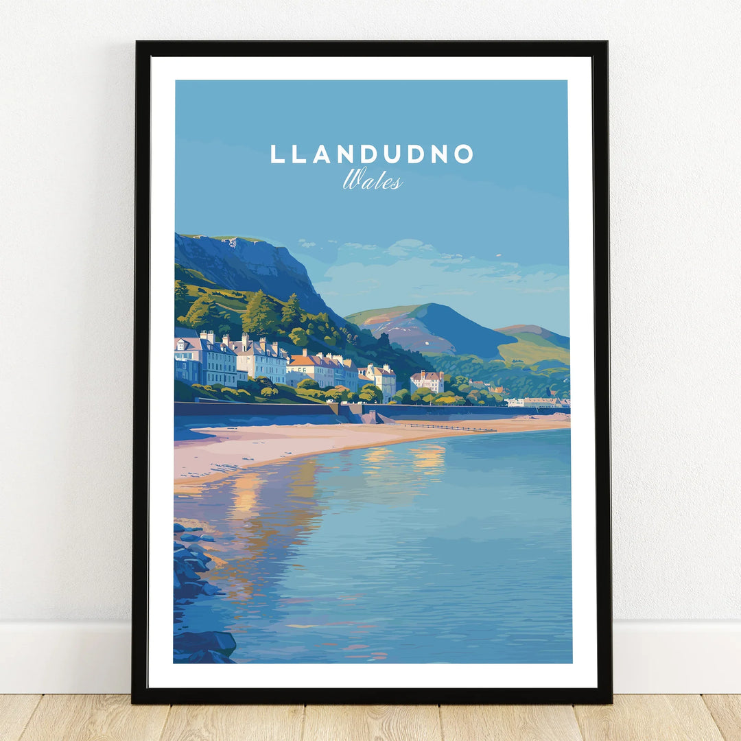 Llandudno Wales art print in black frame, coastal travel poster with beach, sea, and mountains