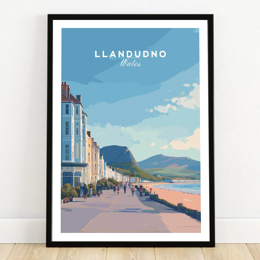 Llandudno Wales travel poster print in black frame, coastal promenade and mountains artwork