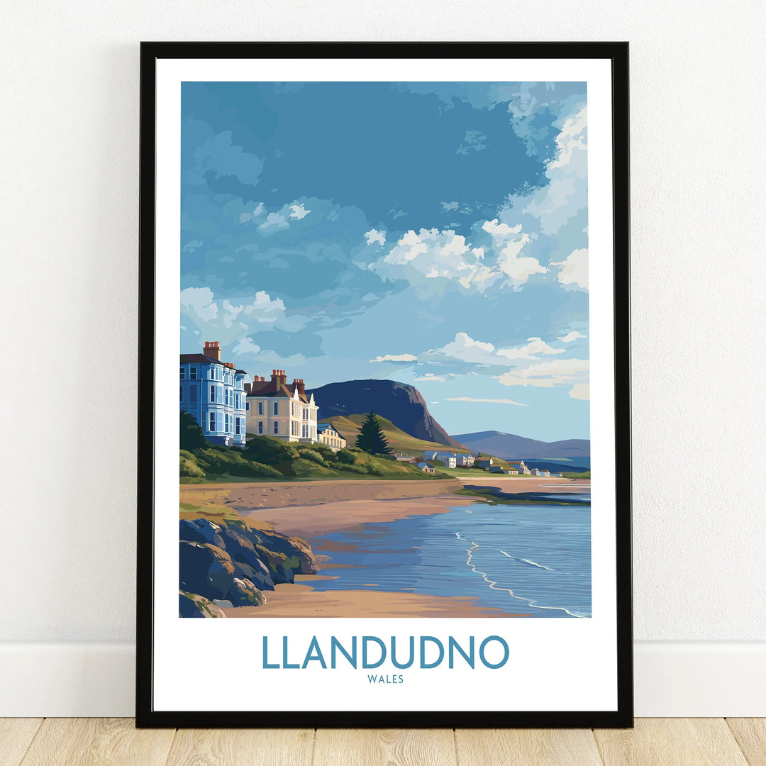 Llandudno Wales travel art print in black frame, beach and coastal town scenery