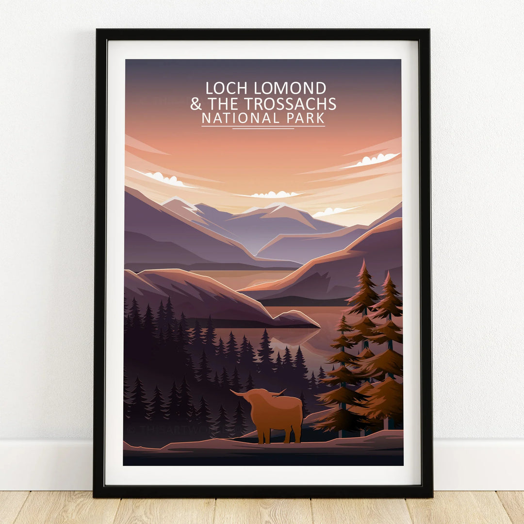 Loch Lomond poster print with mountains, pine trees, and a Highland cow at sunset in black frame