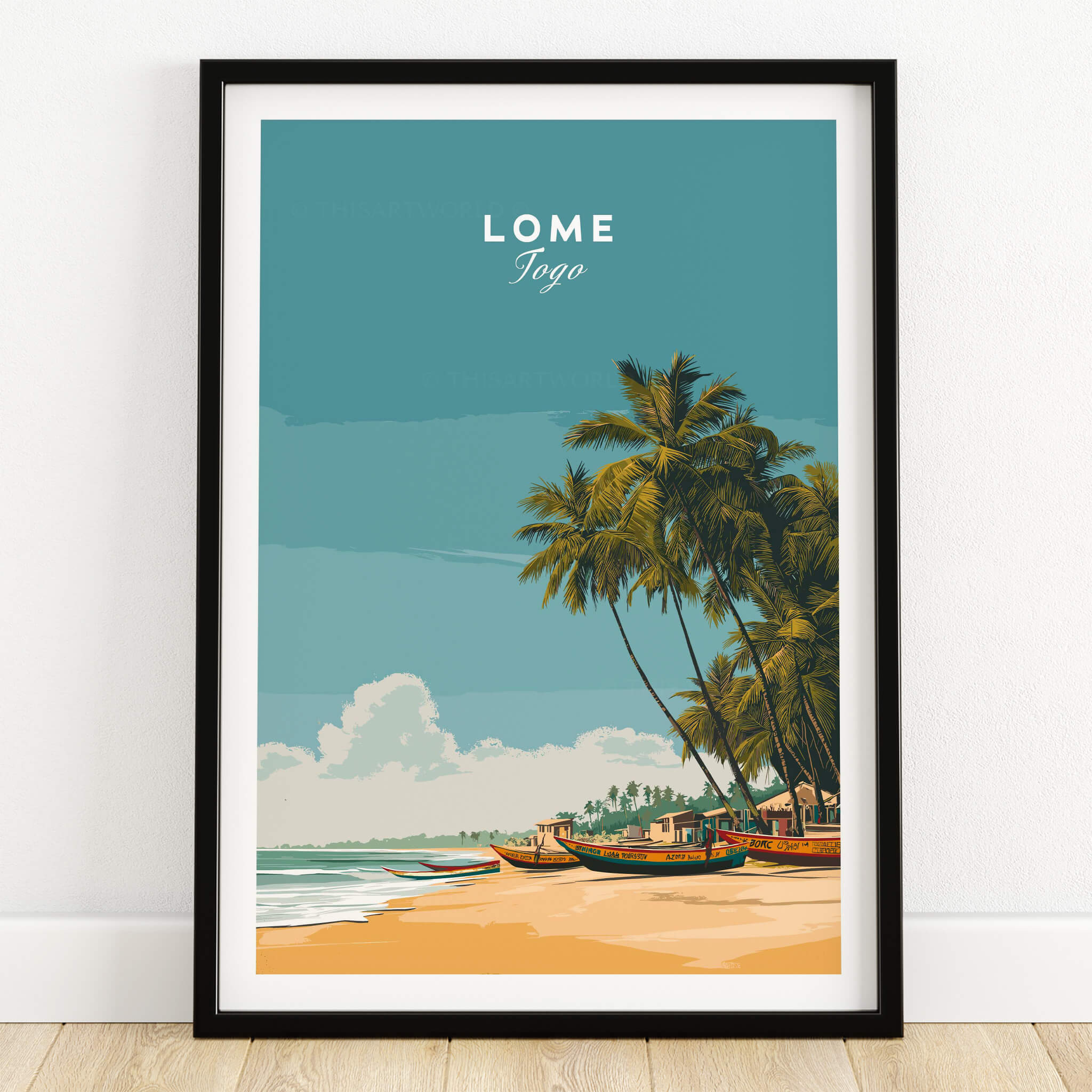 Lomé Togo Travel Posters | West African Beach & Palms Wall Art Print featuring serene beach and palm trees.