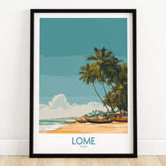 Lomé Togo Canvas Print | Tropical Coastal Village Scene Posters framed art depicting palm trees and boats on a beach.