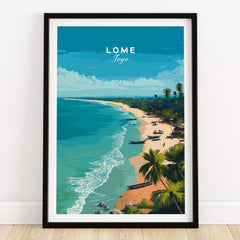 Lomé Togo Wall Art Print | Tropical Beach Travel Poster showcasing a tropical beach with clear waters and palm trees.