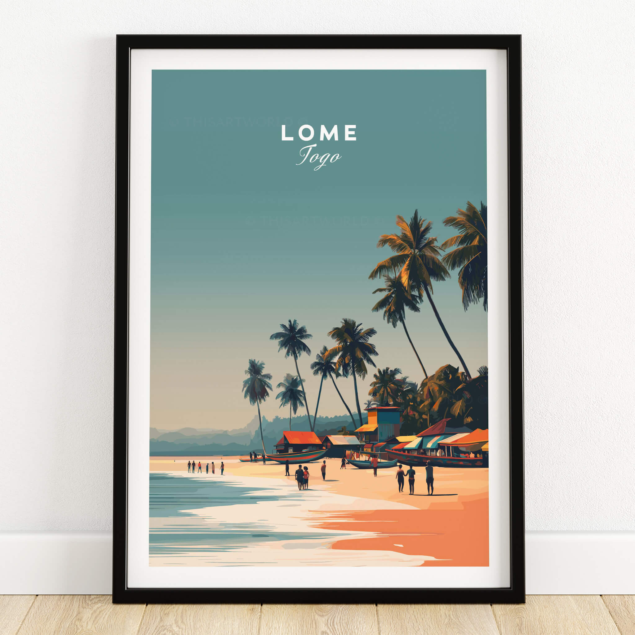 Lome Togo Poster Print Africa showcasing a serene beach scene with palm trees and sandy shores.