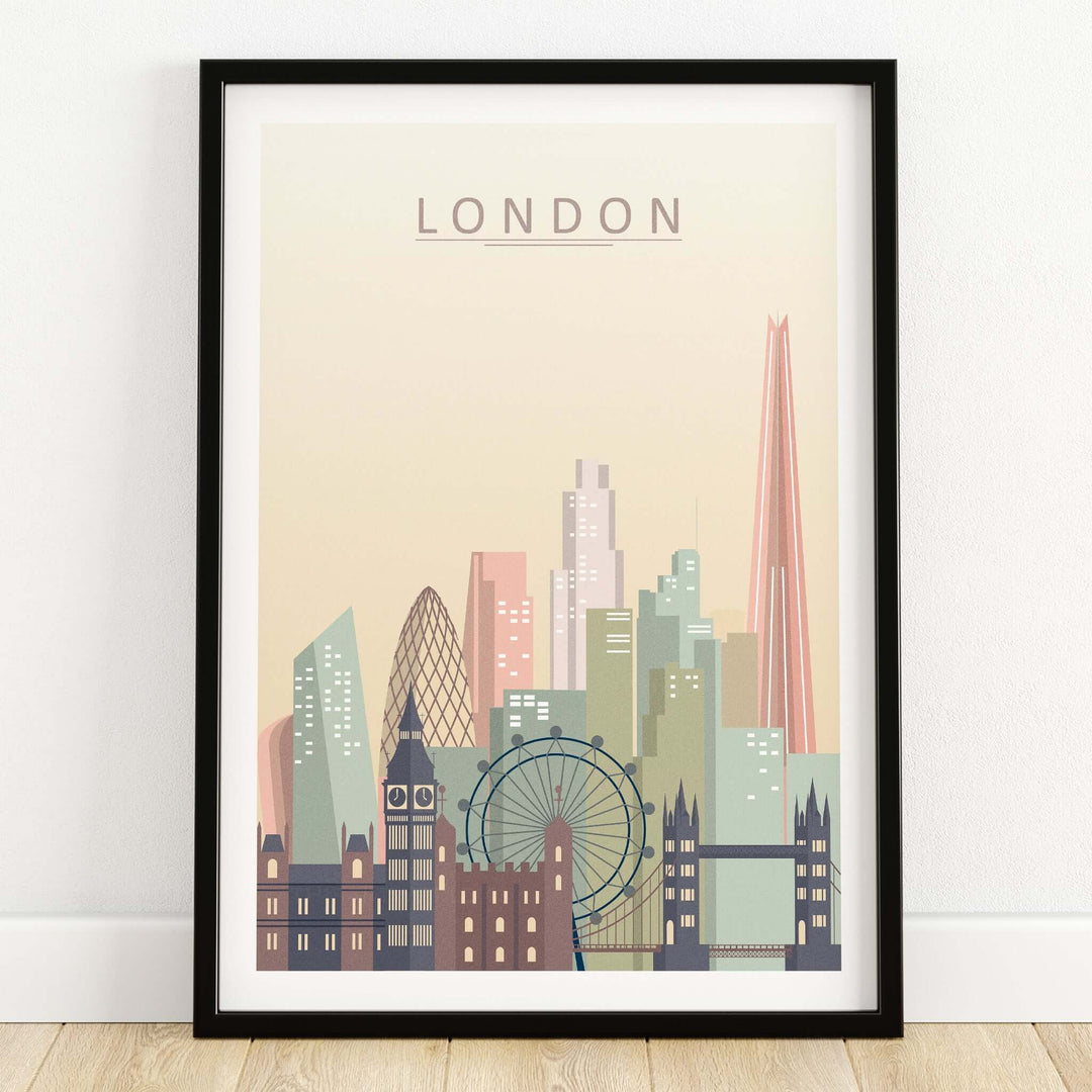 London Skyline Print | Wall Art featuring iconic London architecture in soft pastel colors.