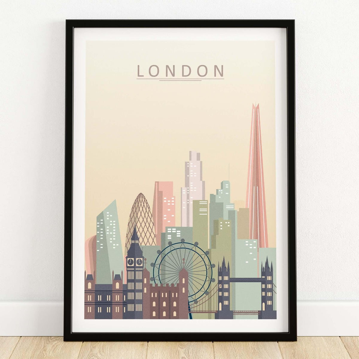 London Skyline Print | Wall Art featuring iconic London architecture in soft pastel colors.