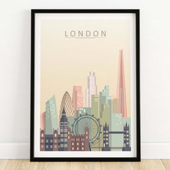 London Skyline Print | Wall Art featuring iconic London architecture in soft pastel colors.