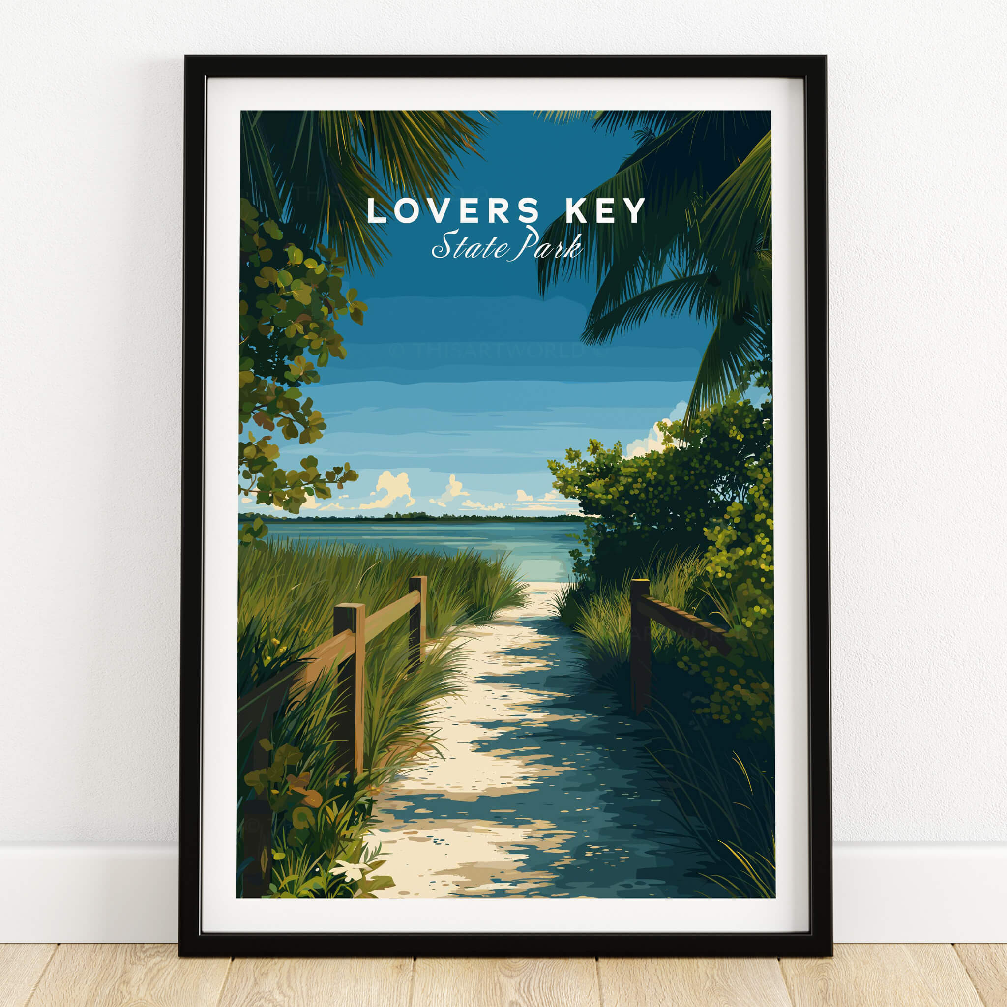 Lovers Key Florida Wall Art Print | State Park Beach Travel Poster depicting a serene path to the beach surrounded by greenery.