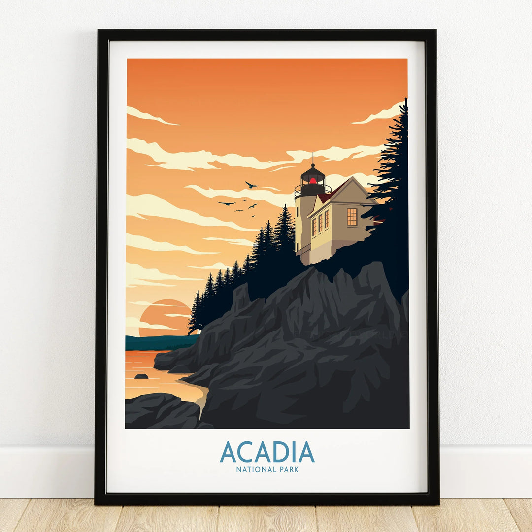 Acadia National Park art print in black frame, featuring a coastal lighthouse at sunset.