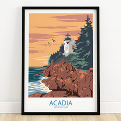 Framed Acadia National Park art print with lighthouse, rocky coast, and ocean at sunset.