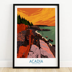 Acadia National Park art print in black frame, rocky coastal landscape at sunset
