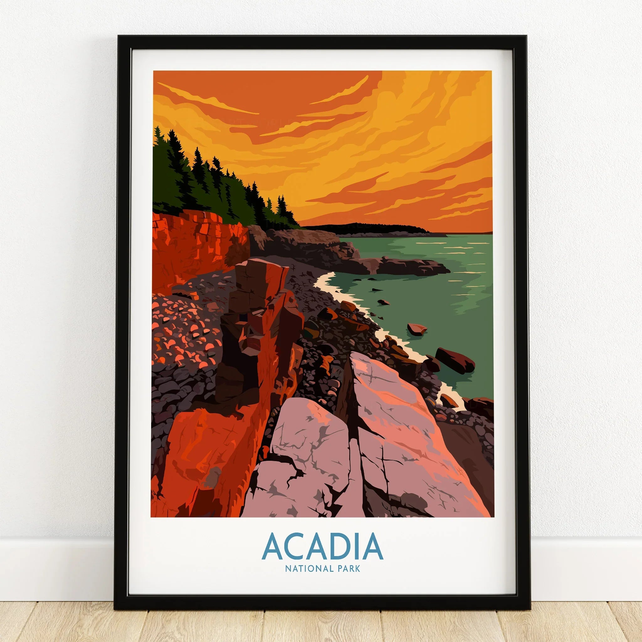Acadia National Park art print in black frame, rocky coastal landscape at sunset