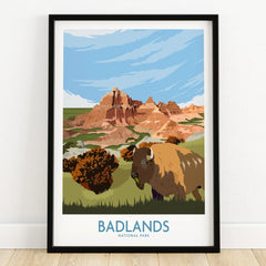 Badlands National Park art print in black frame with bison and colorful landscape illustration
