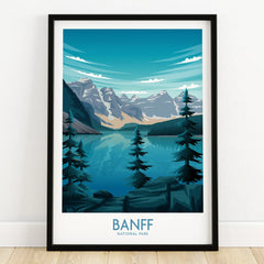 Banff National Park art print in black frame, featuring mountains, lake, and pine trees