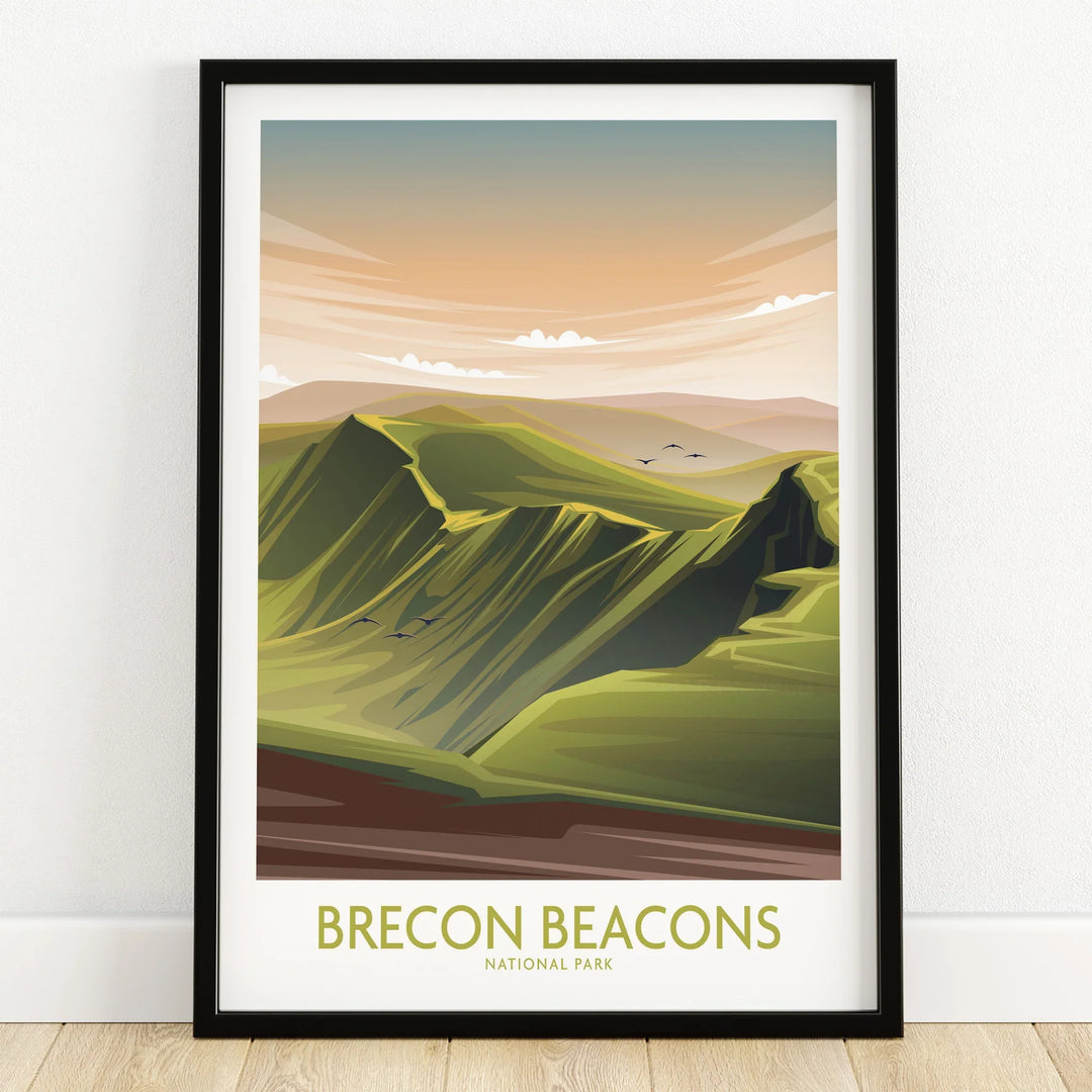 Brecon Beacons National Park art print in black frame on wooden floor, landscape wall decor