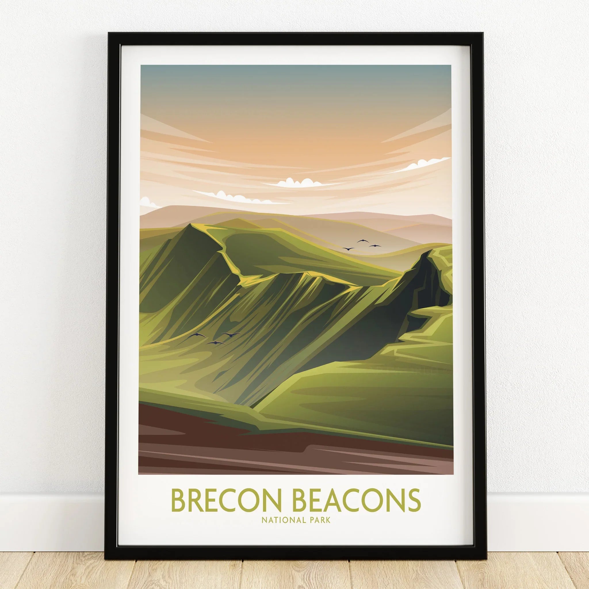 Brecon Beacons National Park art print in black frame on wooden floor, landscape wall decor