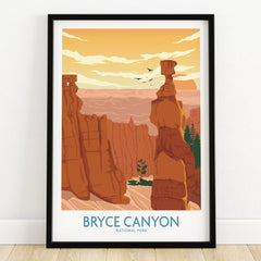 Bryce Canyon National Park art print in black frame on wooden floor, sunset illustration