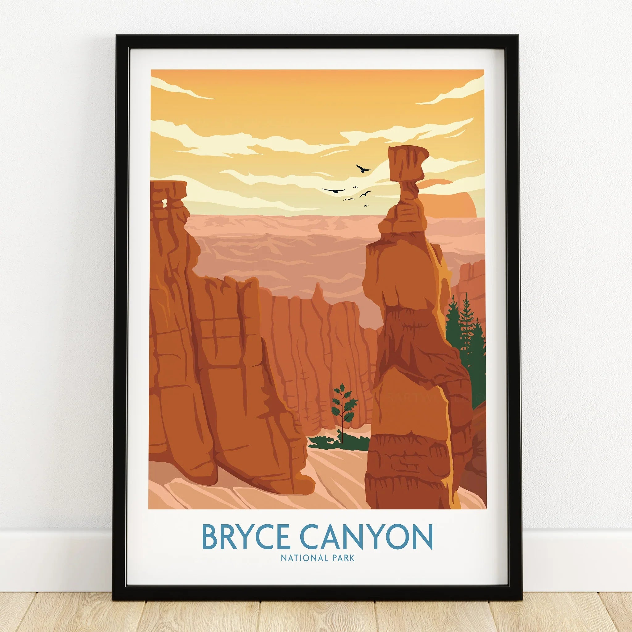 Bryce Canyon National Park art print in black frame on wooden floor, sunset illustration