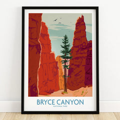 Bryce Canyon National Park art print in black frame, red rock formations, pine tree, home decor