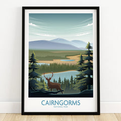 Cairngorms National Park art print with stag, mountains, lake, and pine trees in black frame