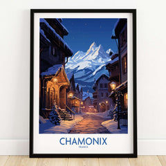 Chamonix Print ski poster featuring a mountain scene at night with a charming village in France.
