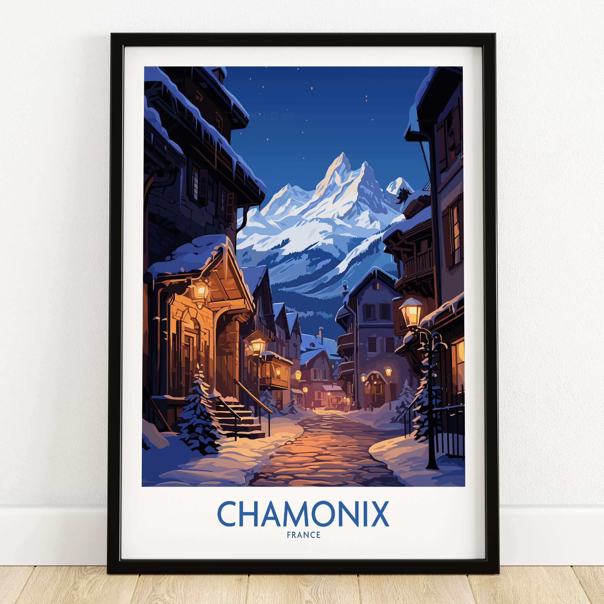 Chamonix Print ski poster featuring a mountain scene at night with a charming village in France.