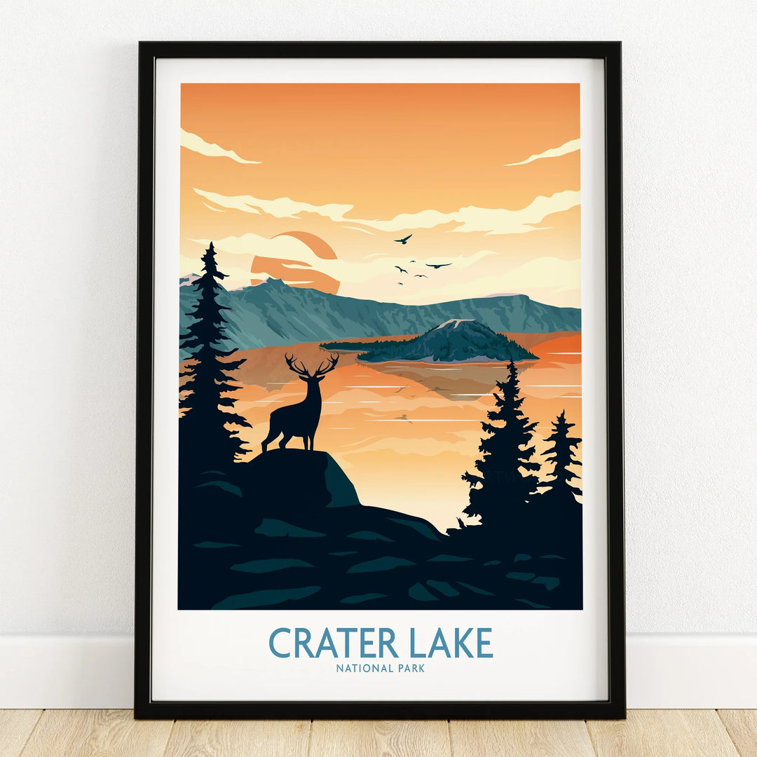 Crater Lake National Park art print with deer silhouette, mountains, and orange sunset in black frame
