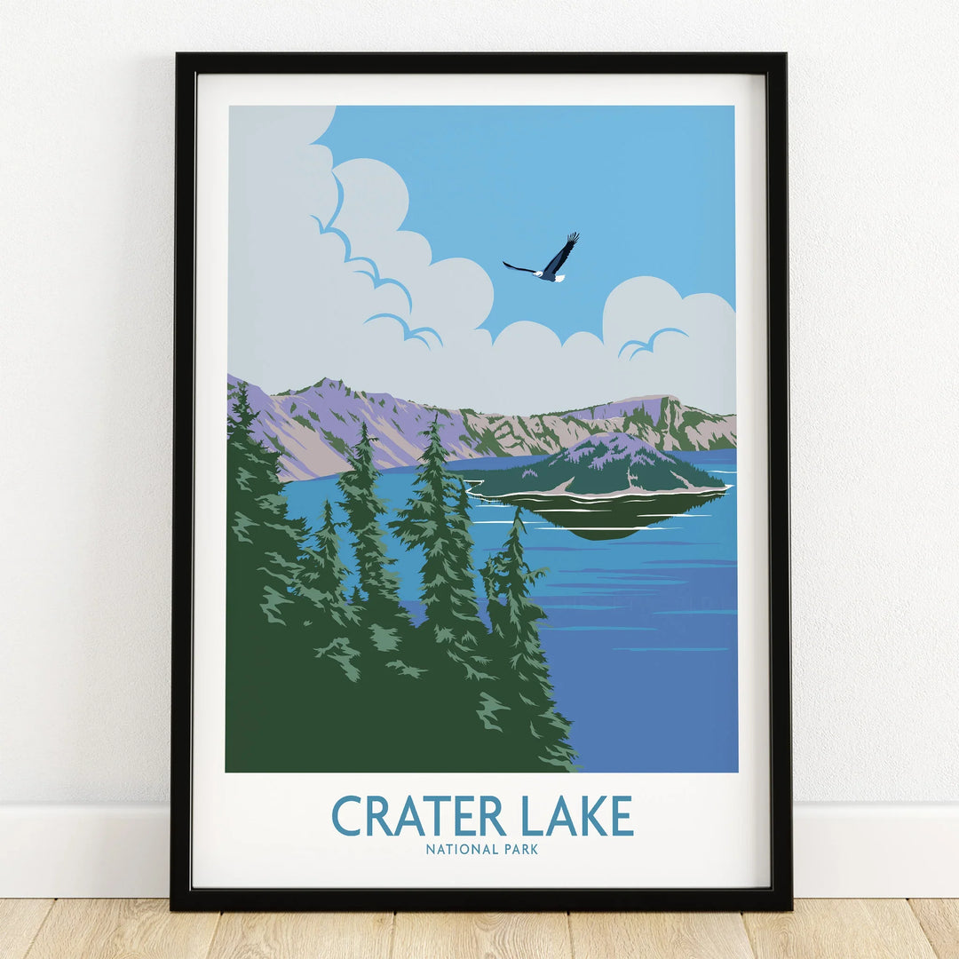 Crater Lake National Park art print in black frame, featuring lake, mountains, and trees.