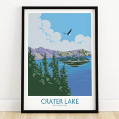 Crater Lake National Park art print in black frame, featuring lake, mountains, and trees.