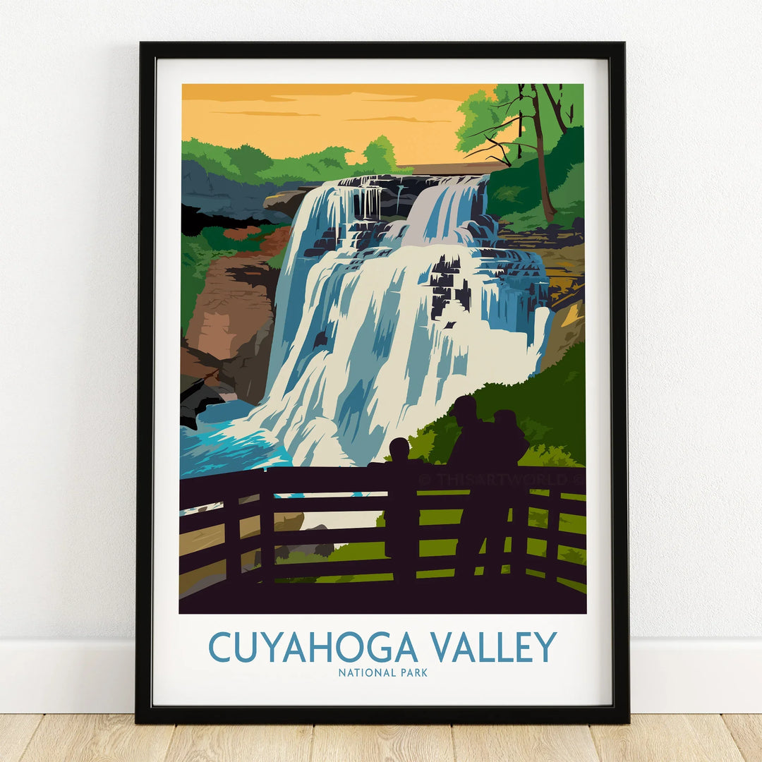Cuyahoga Valley National Park art print in black frame featuring scenic waterfall view