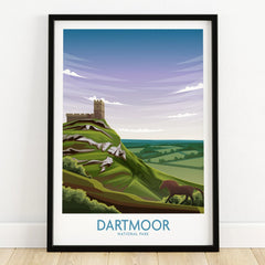 Dartmoor National Park art print in black frame, showing castle on green hill with horse, landscape wall art