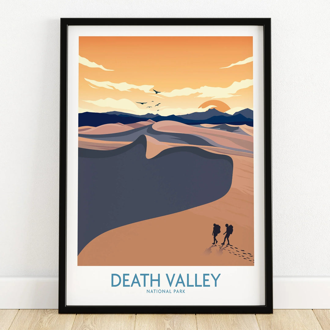 Death Valley National Park art print in black frame, desert landscape with hikers and mountains