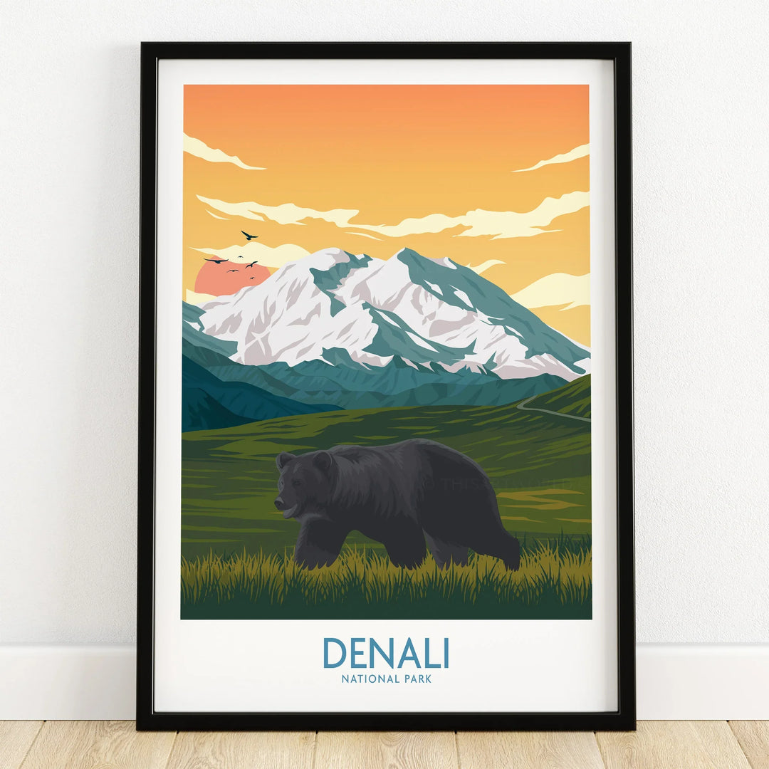 Denali National Park art print with bear, snow-capped mountains, sunset sky in black frame