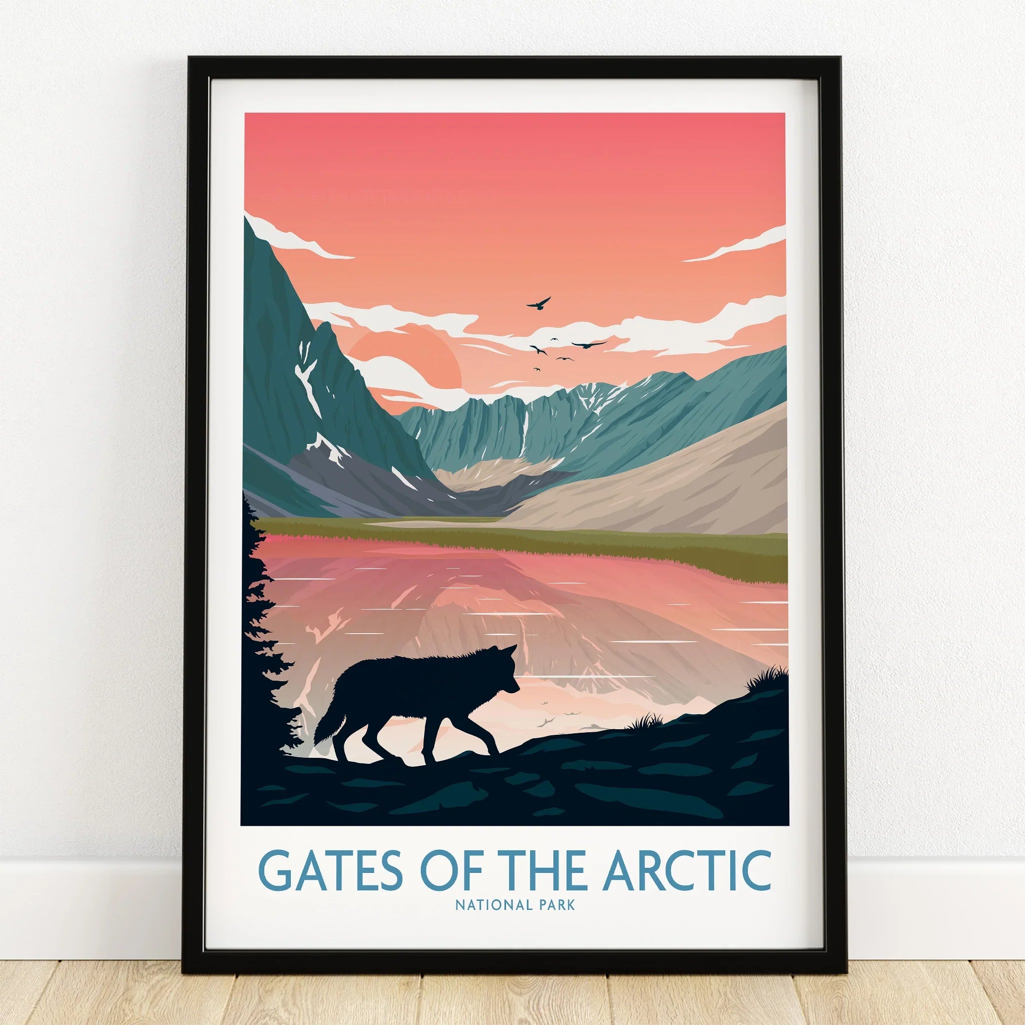 Gates of the Arctic National Park art print in black frame, wolf silhouette, mountain sunset