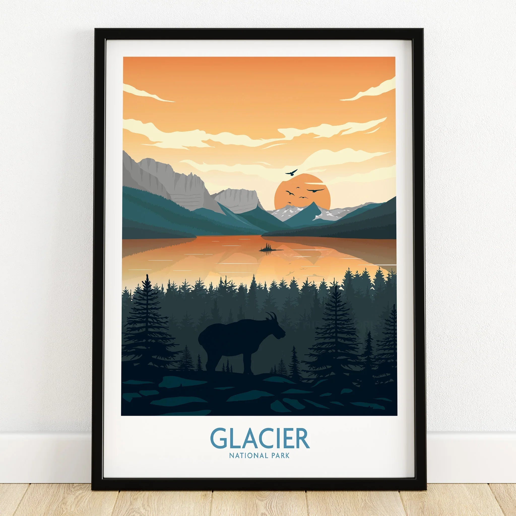 Framed Glacier National Park art print with mountains, forest, lake at sunset, and wildlife silhouette
