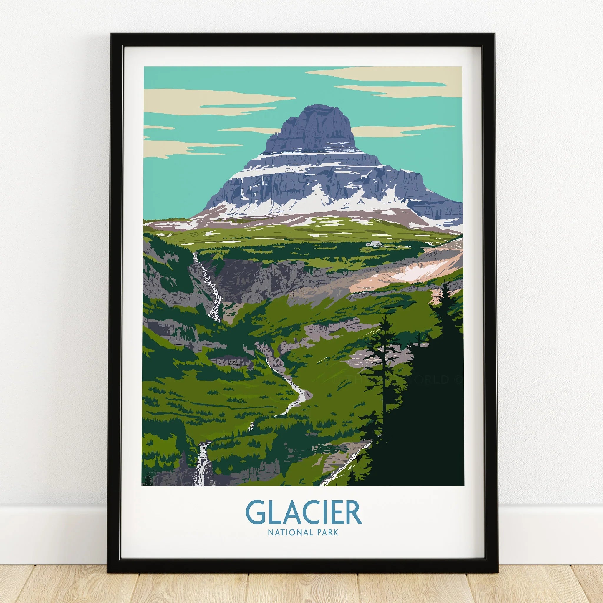 Glacier National Park art print in black frame on wooden floor, mountain landscape illustration