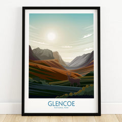 Glencoe National Park art print in black frame, landscape with deer and mountains