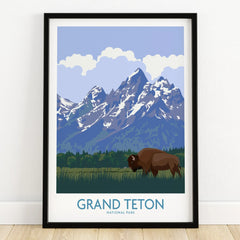Grand Teton National Park art print with bison, snow-capped mountains, black frame