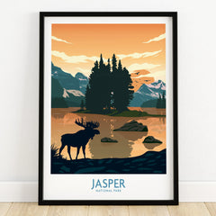 Jasper National Park art print in black frame, sunset mountains, moose silhouette, wall decor