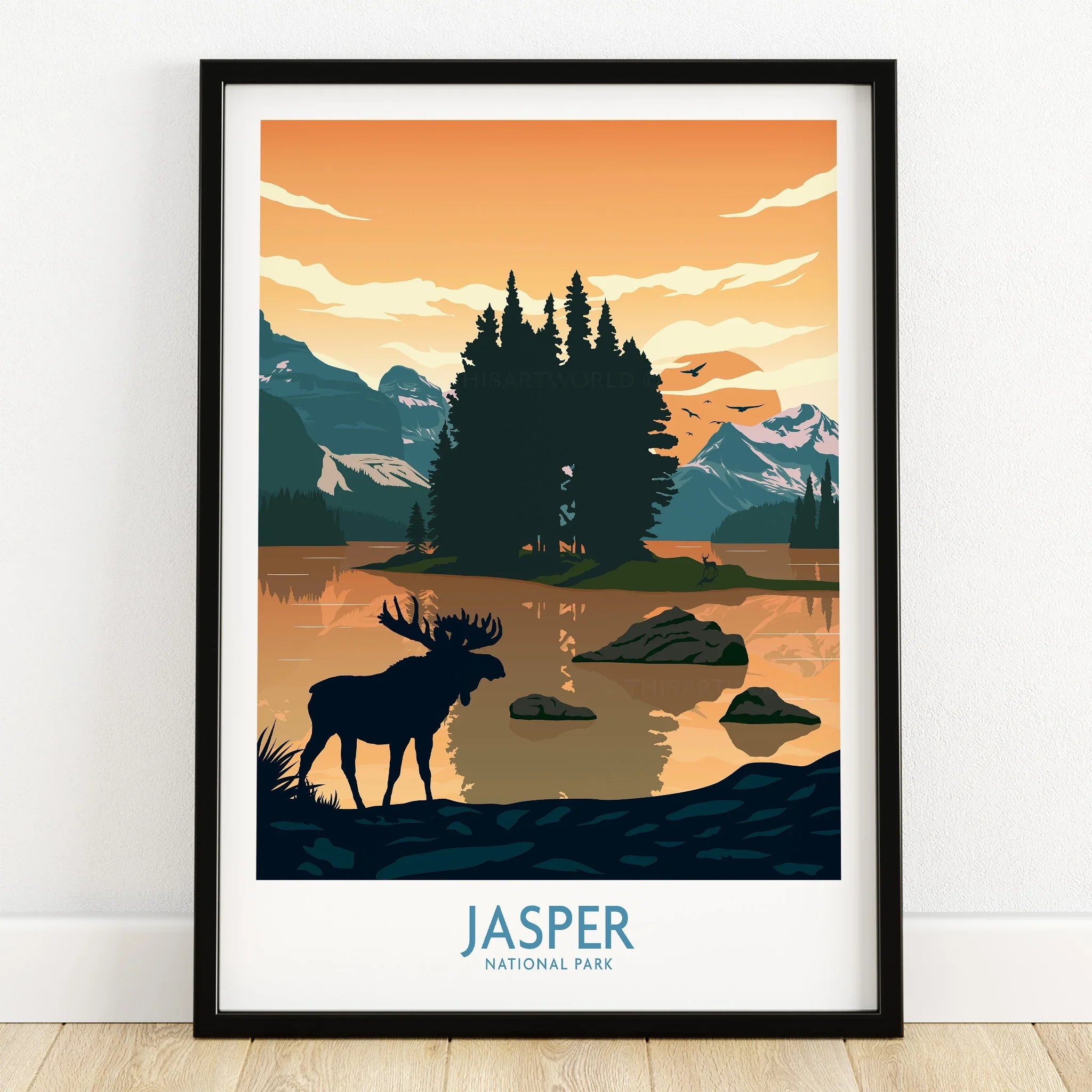 Jasper National Park art print in black frame, sunset mountains, moose silhouette, wall decor