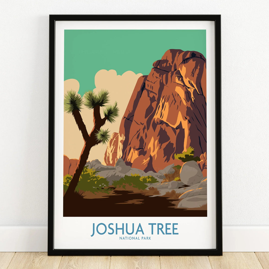 Joshua Tree National Park art print in black frame on wooden floor, featuring desert landscape.