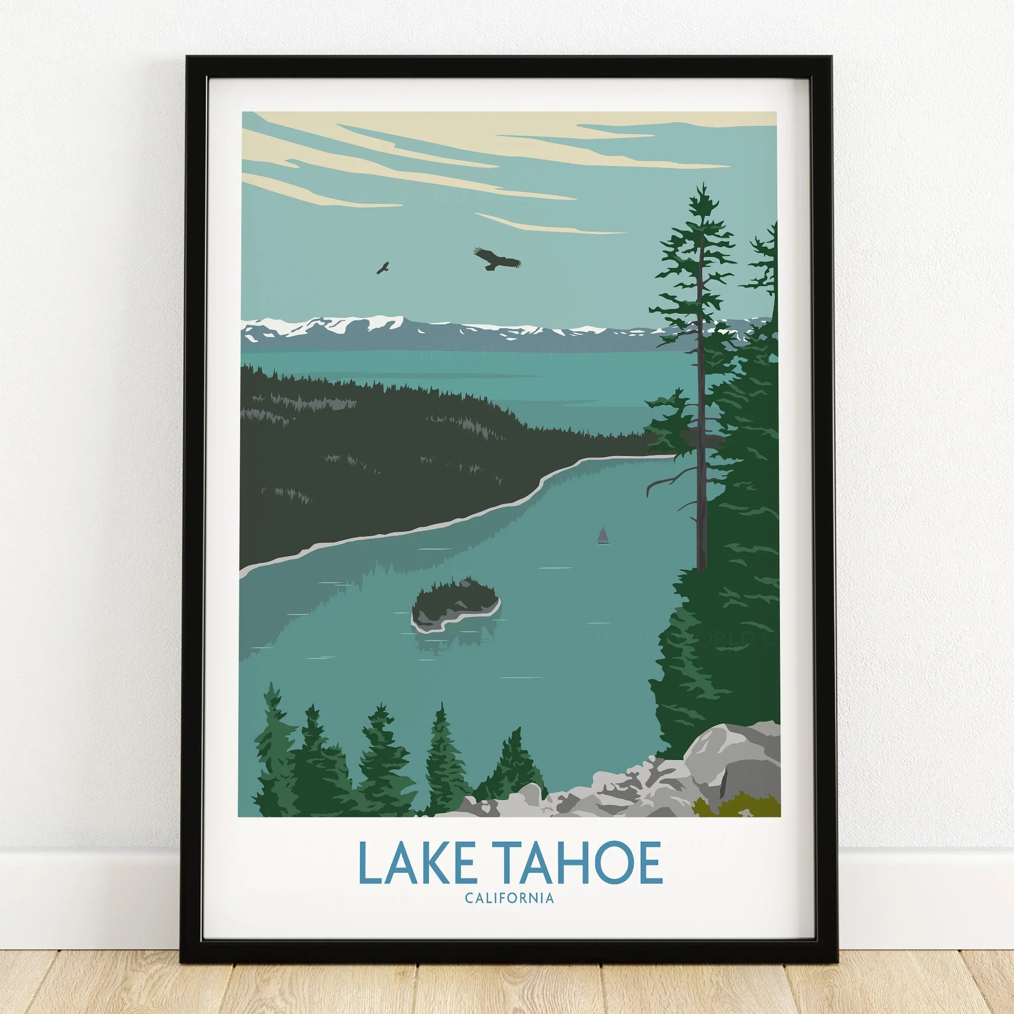 Lake Tahoe California art print in black frame, scenic landscape with lake, trees, and mountains