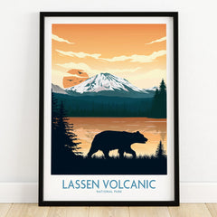 Lassen Volcanic National Park art print with bear silhouette, mountain, and sunset in black frame